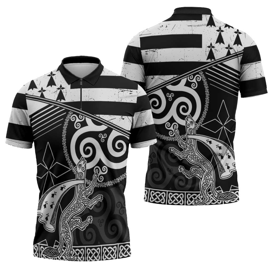 Brittany Ermine Celtic Zipper Polo Shirt Black Celtic Triskels - Wonder Print Shop