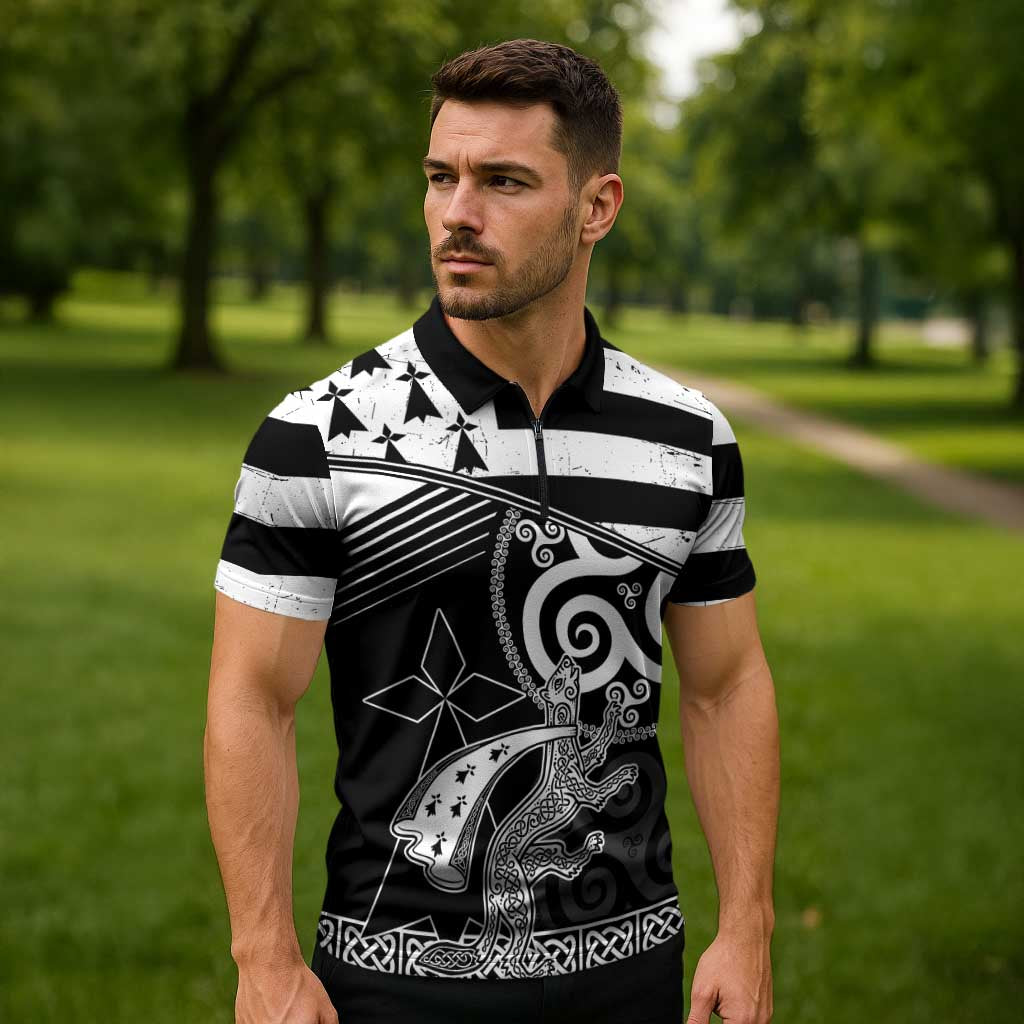 Brittany Ermine Celtic Zipper Polo Shirt Black Celtic Triskels - Wonder Print Shop