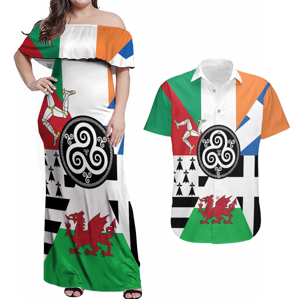 Celtic Nations Flag Couples Matching Off Shoulder Maxi Dress and Hawaiian Shirt Six Celtic Countries Heritage - Wonder Print Shop
