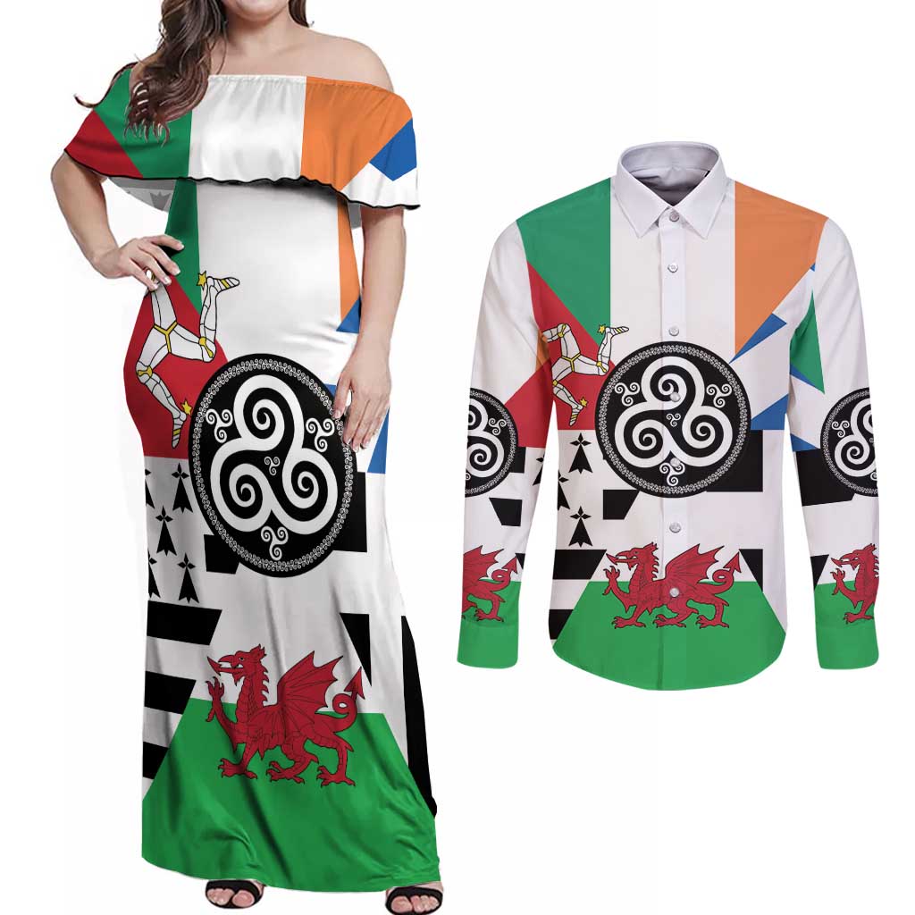 Celtic Nations Flag Couples Matching Off Shoulder Maxi Dress and Long Sleeve Button Shirt Six Celtic Countries Heritage - Wonder Print Shop
