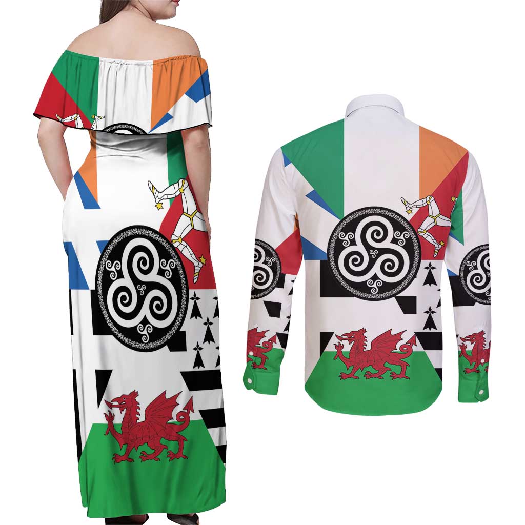 Celtic Nations Flag Couples Matching Off Shoulder Maxi Dress and Long Sleeve Button Shirt Six Celtic Countries Heritage - Wonder Print Shop