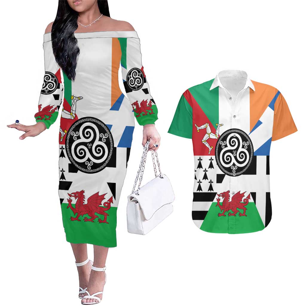 Celtic Nations Flag Couples Matching Off The Shoulder Long Sleeve Dress and Hawaiian Shirt Six Celtic Countries Heritage - Wonder Print Shop