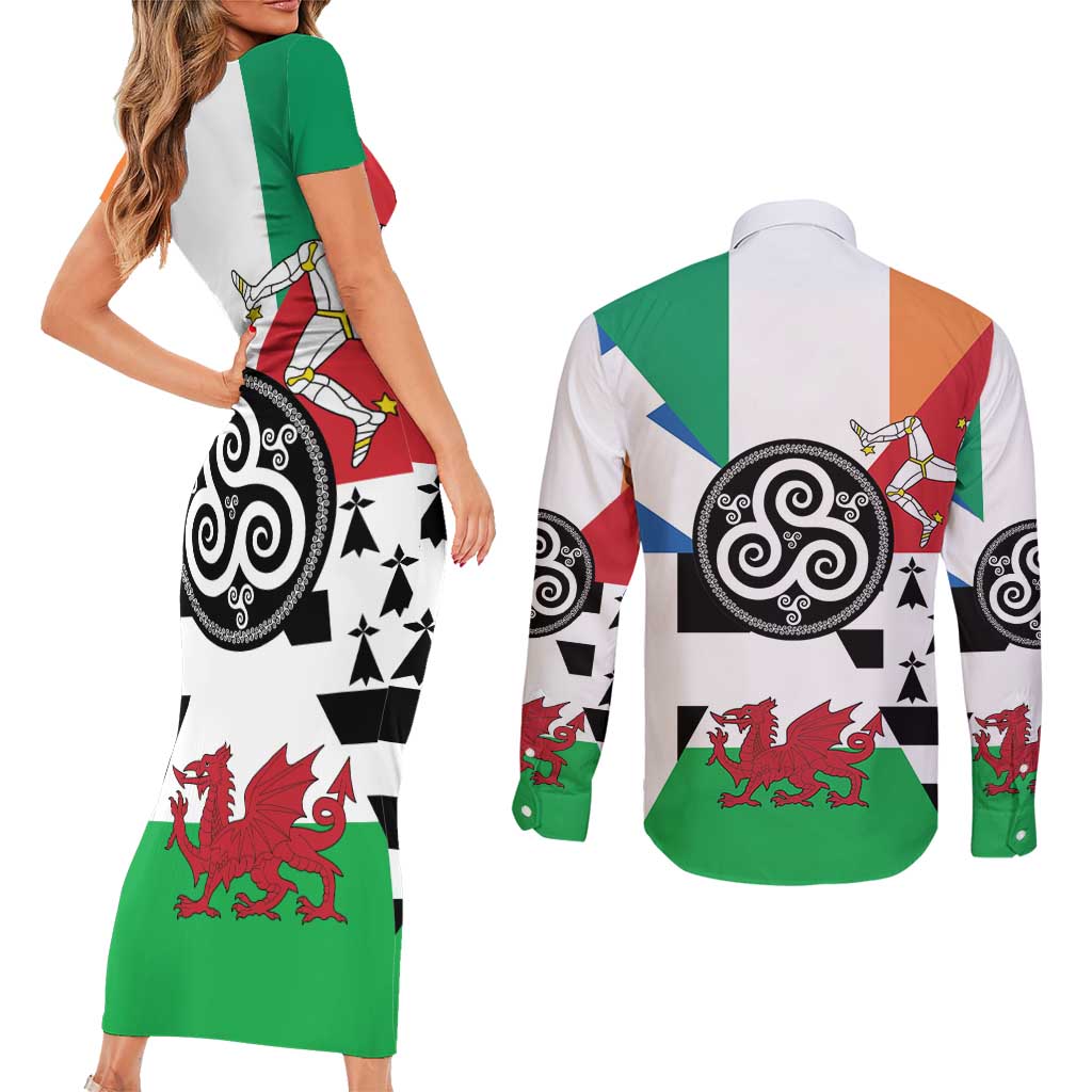 Celtic Nations Flag Couples Matching Short Sleeve Bodycon Dress and Long Sleeve Button Shirt Six Celtic Countries Heritage - Wonder Print Shop