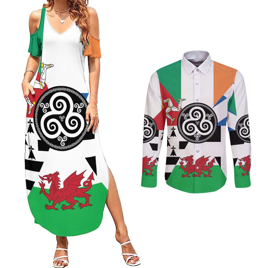 Celtic Nations Flag Couples Matching Summer Maxi Dress and Long Sleeve Button Shirt Six Celtic Countries Heritage - Wonder Print Shop