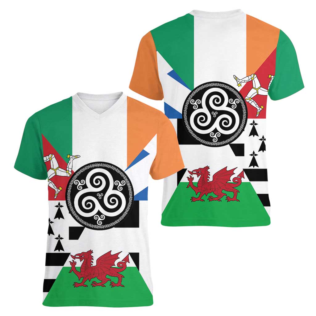 Celtic Nations Flag Women V-Neck T-Shirt Six Celtic Countries Heritage - Wonder Print Shop