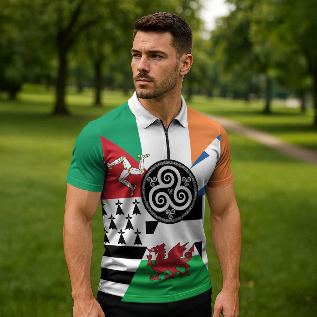 Celtic Nations Flag Zipper Polo Shirt Six Celtic Countries Heritage - Wonder Print Shop