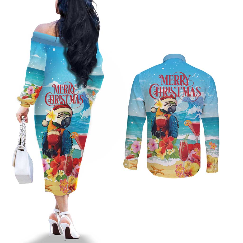 Saint Lucia Christmas Couples Matching Off The Shoulder Long Sleeve Dress and Long Sleeve Button Shirt Tropical Parrot With Rum Punch Cocktail