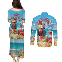 Saint Lucia Christmas Couples Matching Puletasi and Long Sleeve Button Shirt Tropical Parrot With Rum Punch Cocktail - Wonder Print Shop