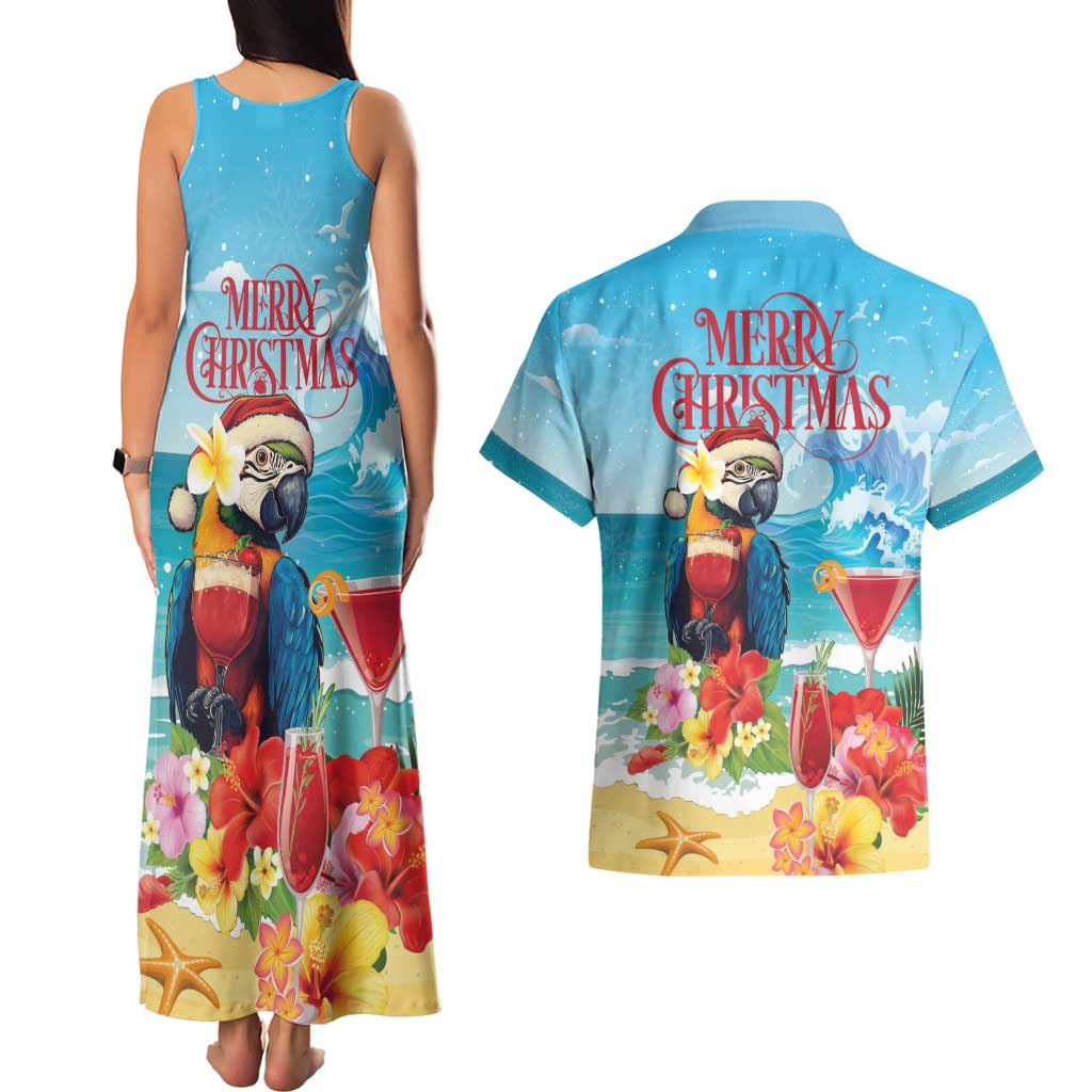Saint Lucia Christmas Couples Matching Tank Maxi Dress and Hawaiian Shirt Tropical Parrot With Rum Punch Cocktail - Wonder Print Shop