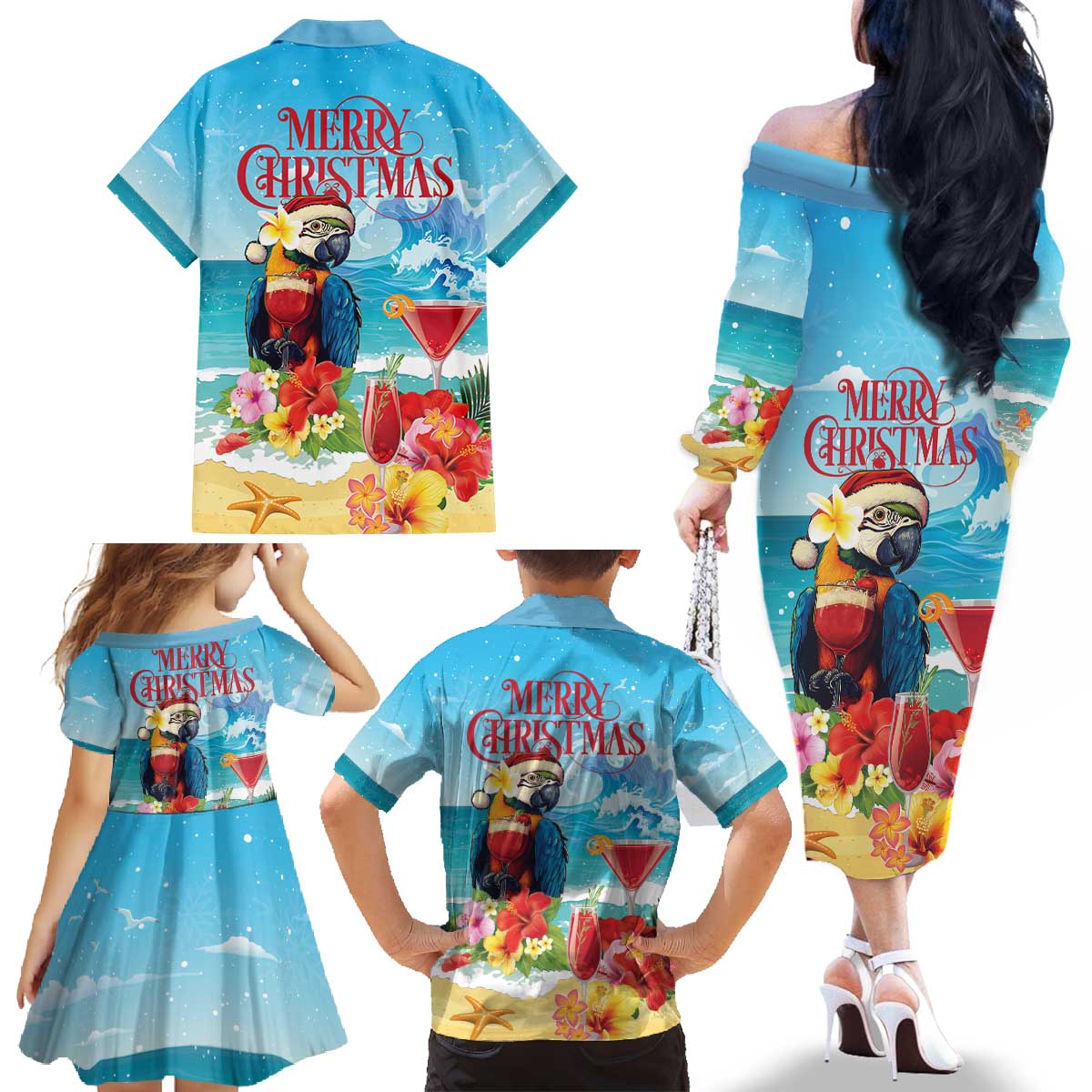 Saint Lucia Christmas Family Matching Off The Shoulder Long Sleeve Dress and Hawaiian Shirt Tropical Parrot With Rum Punch Cocktail - Wonder Print Shop