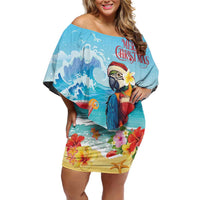 Saint Lucia Christmas Family Matching Off Shoulder Short Dress and Hawaiian Shirt Tropical Parrot With Rum Punch Cocktail - Wonder Print Shop