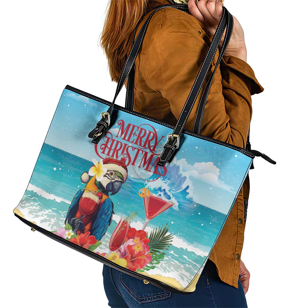 Saint Lucia Christmas Leather Tote Bag Tropical Parrot With Rum Punch Cocktail - Wonder Print Shop