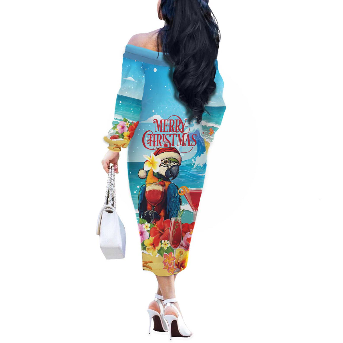 Saint Lucia Christmas Off The Shoulder Long Sleeve Dress Tropical Parrot With Rum Punch Cocktail - Wonder Print Shop