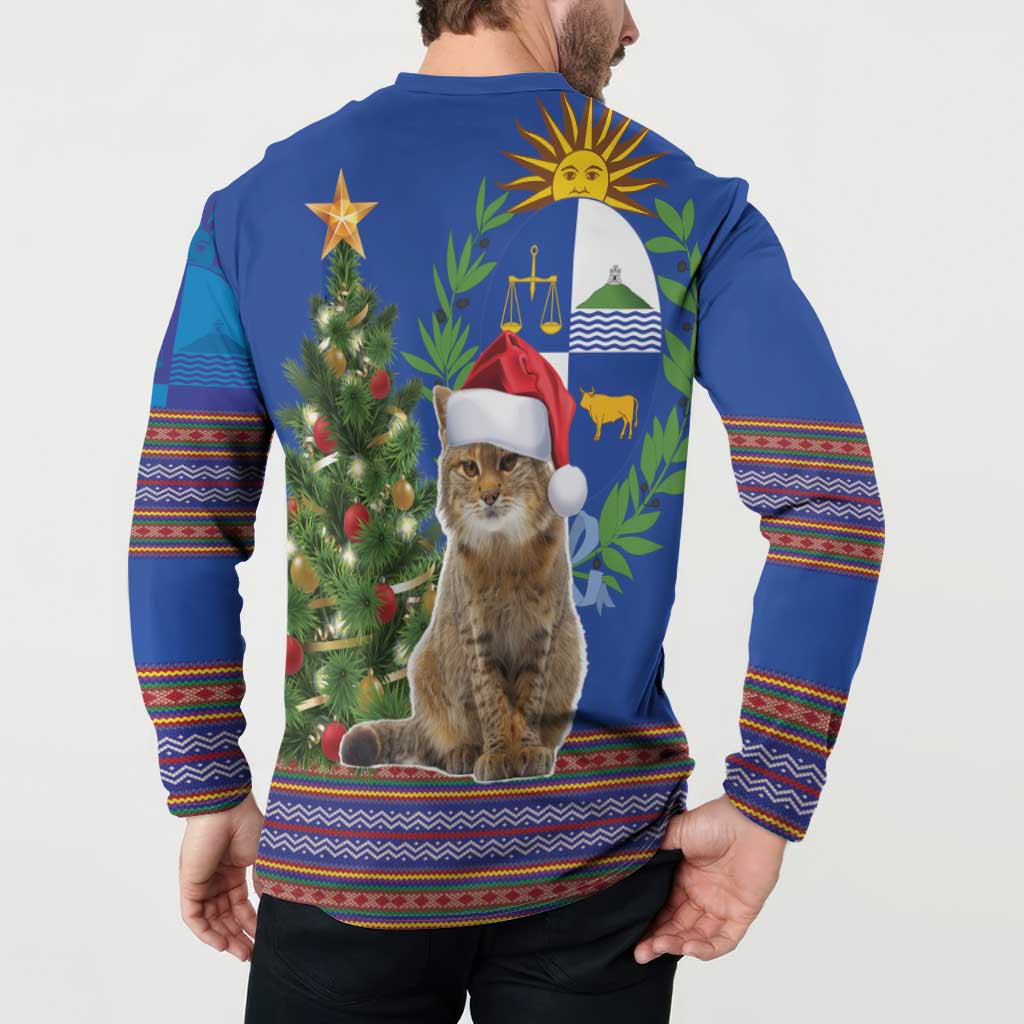 Uruguay Christmas Button Sweatshirt Pampas Cat With Folk Pattern - Wonder Print Shop