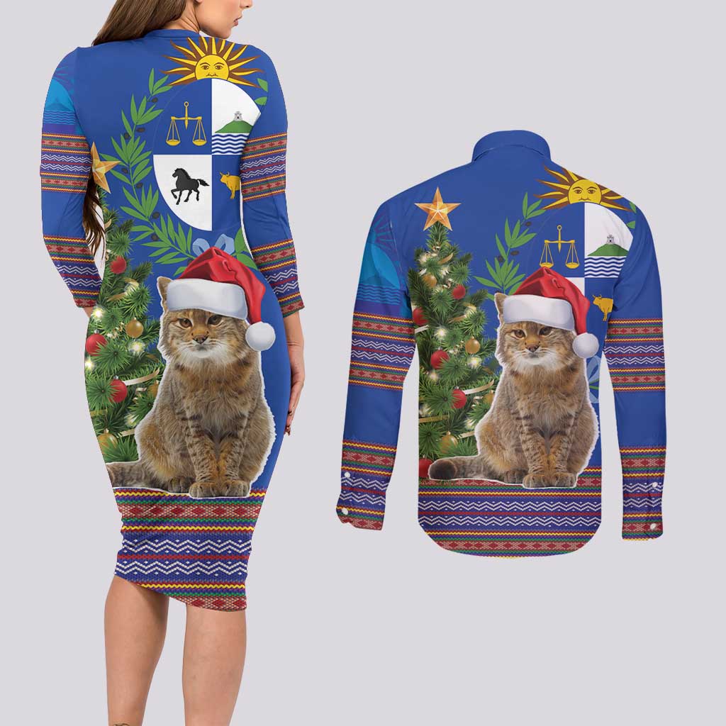 Uruguay Christmas Couples Matching Long Sleeve Bodycon Dress and Long Sleeve Button Shirt Pampas Cat With Folk Pattern - Wonder Print Shop