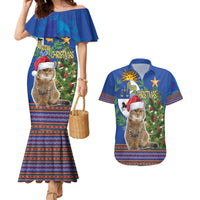 Uruguay Christmas Couples Matching Mermaid Dress and Hawaiian Shirt Pampas Cat With Folk Pattern - Wonder Print Shop