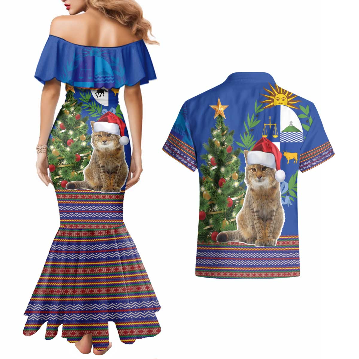 Uruguay Christmas Couples Matching Mermaid Dress and Hawaiian Shirt Pampas Cat With Folk Pattern - Wonder Print Shop