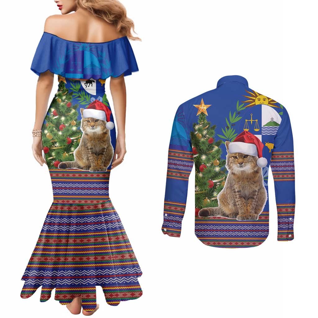 Uruguay Christmas Couples Matching Mermaid Dress and Long Sleeve Button Shirt Pampas Cat With Folk Pattern