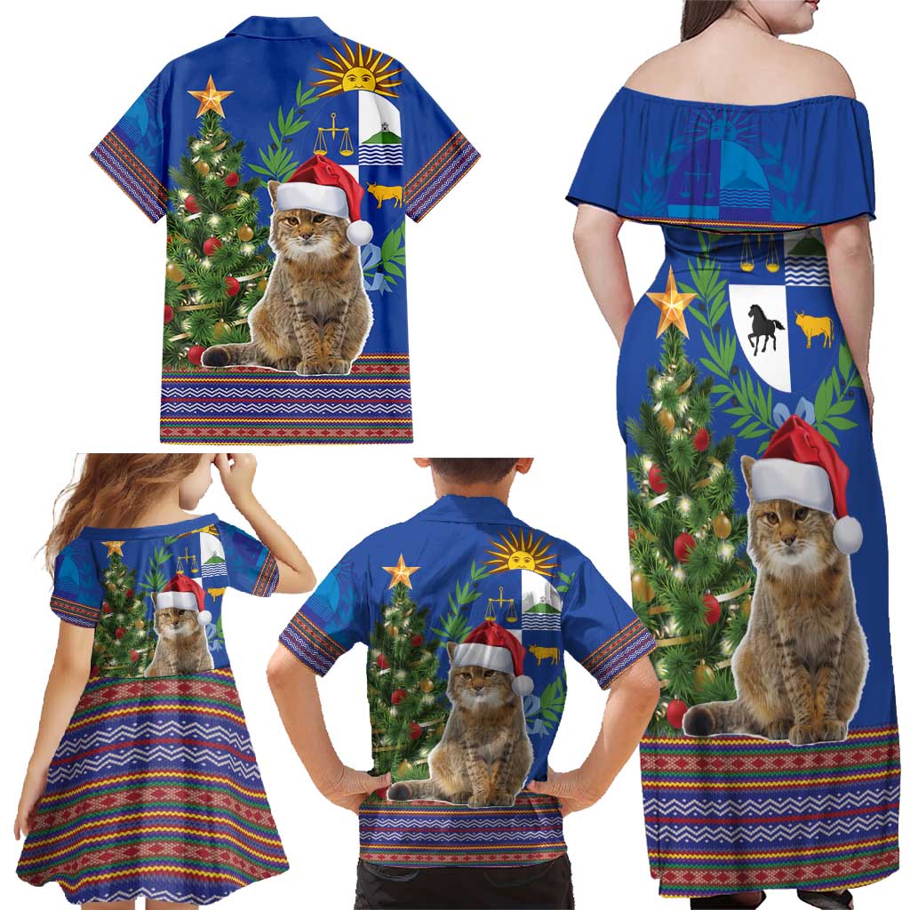 Uruguay Christmas Family Matching Off Shoulder Maxi Dress and Hawaiian Shirt Pampas Cat With Folk Pattern - Wonder Print Shop