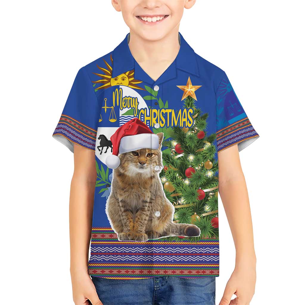 Uruguay Christmas Family Matching Short Sleeve Bodycon Dress and Hawaiian Shirt Pampas Cat With Folk Pattern - Wonder Print Shop