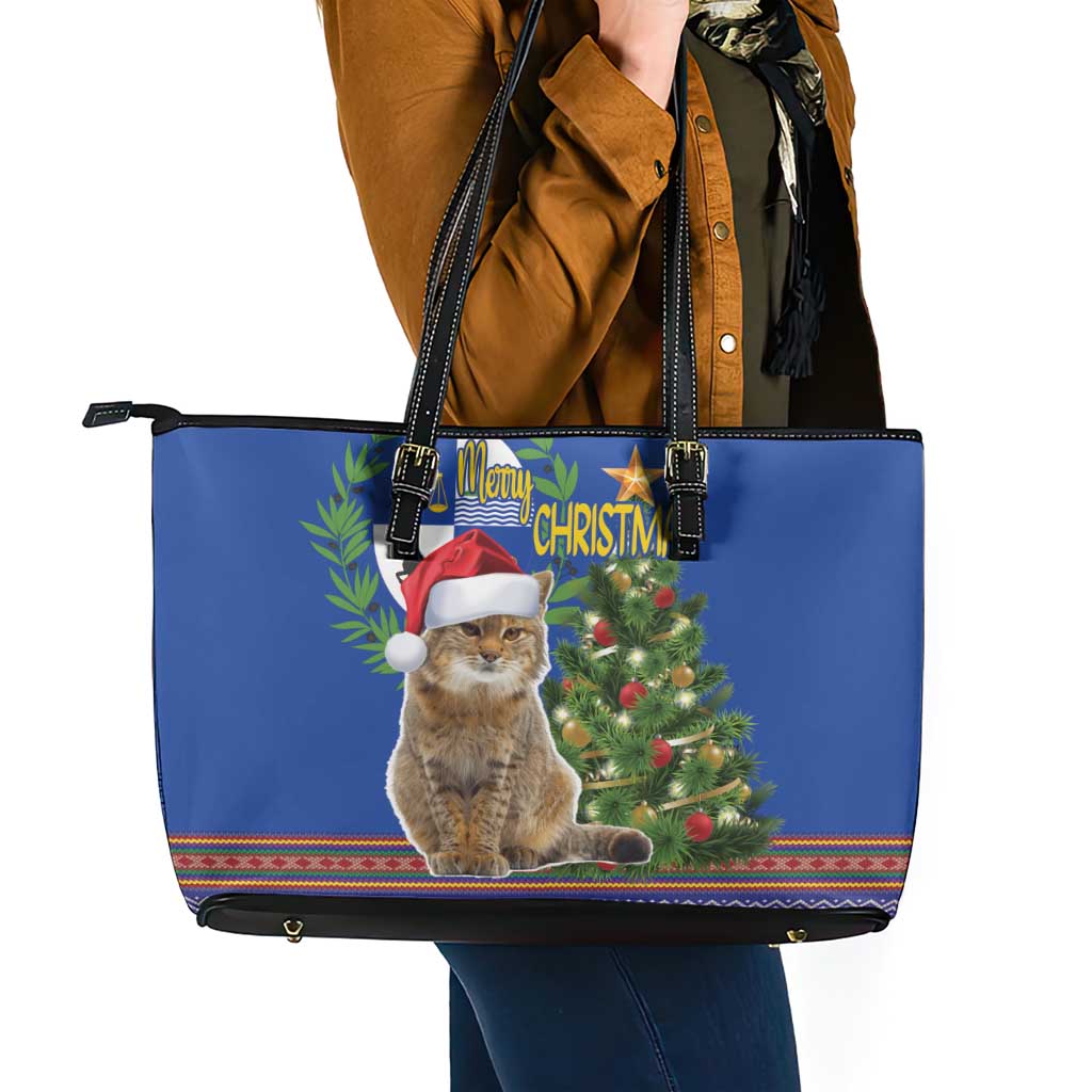 Uruguay Christmas Leather Tote Bag Pampas Cat With Folk Pattern - Wonder Print Shop