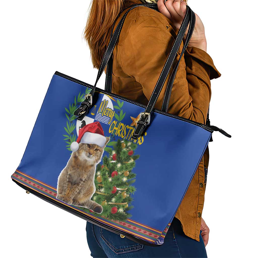 Uruguay Christmas Leather Tote Bag Pampas Cat With Folk Pattern - Wonder Print Shop