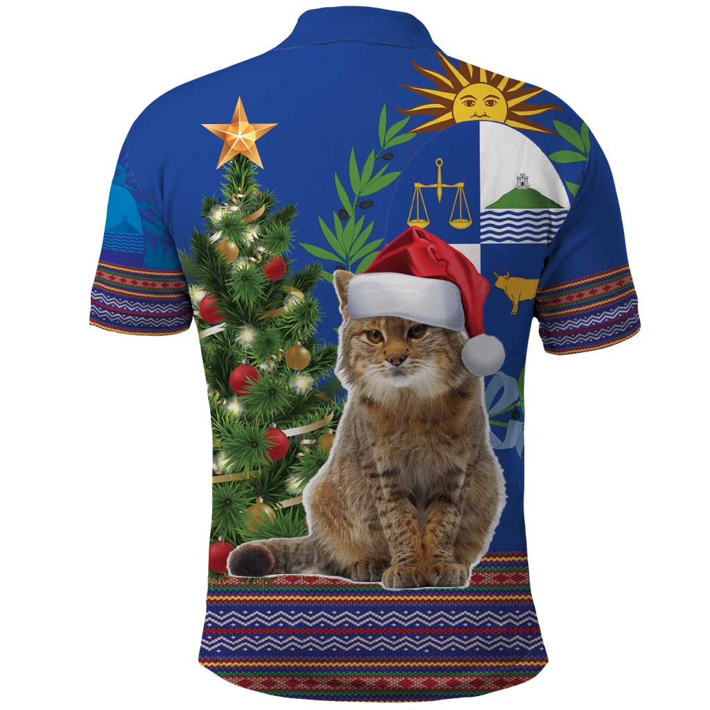 Uruguay Christmas Polo Shirt Pampas Cat With Folk Pattern - Wonder Print Shop