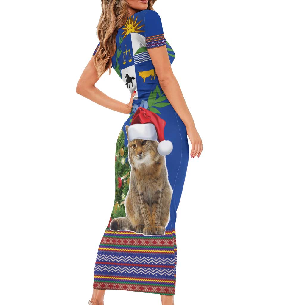 Uruguay Christmas Short Sleeve Bodycon Dress Pampas Cat With Folk Pattern - Wonder Print Shop