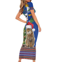 Uruguay Christmas Short Sleeve Bodycon Dress Pampas Cat With Folk Pattern - Wonder Print Shop