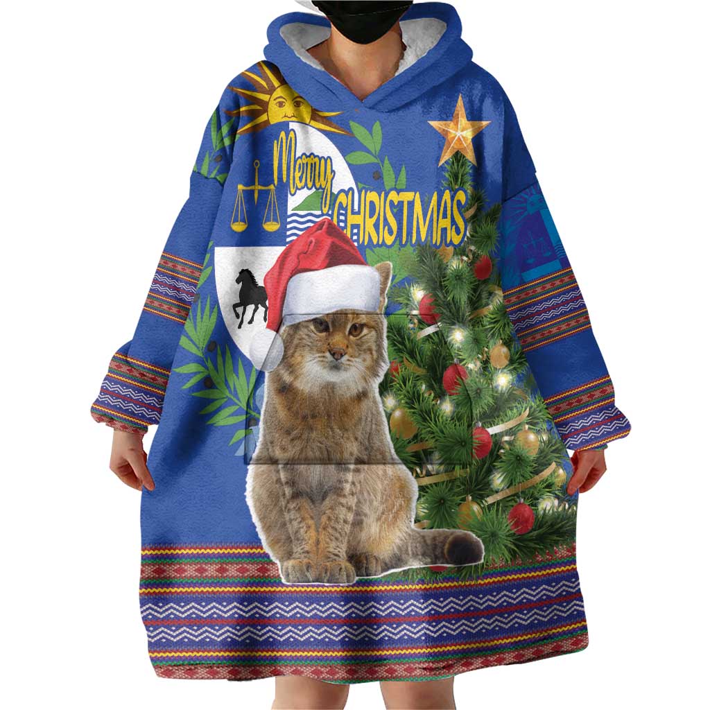 Uruguay Christmas Wearable Blanket Hoodie Pampas Cat With Folk Pattern - Wonder Print Shop