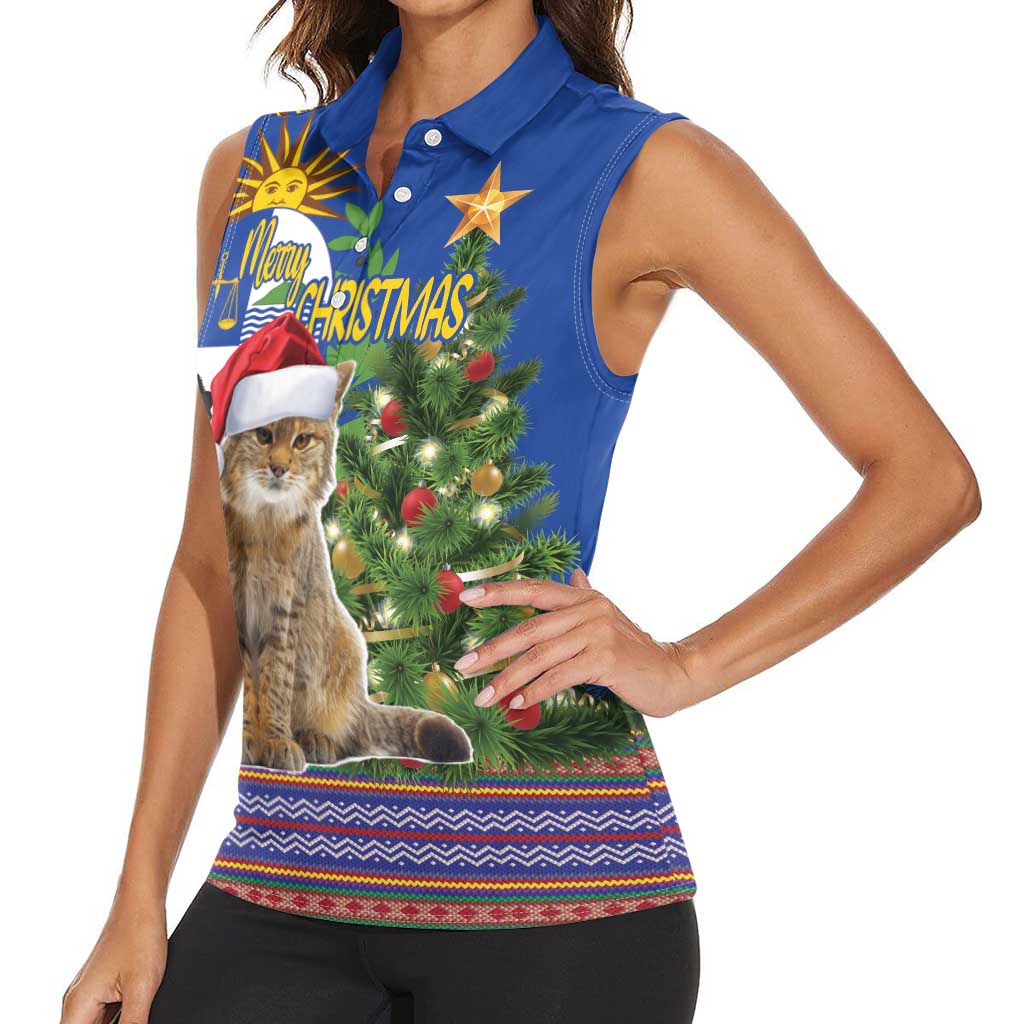 Uruguay Christmas Women Sleeveless Polo Shirt Pampas Cat With Folk Pattern - Wonder Print Shop