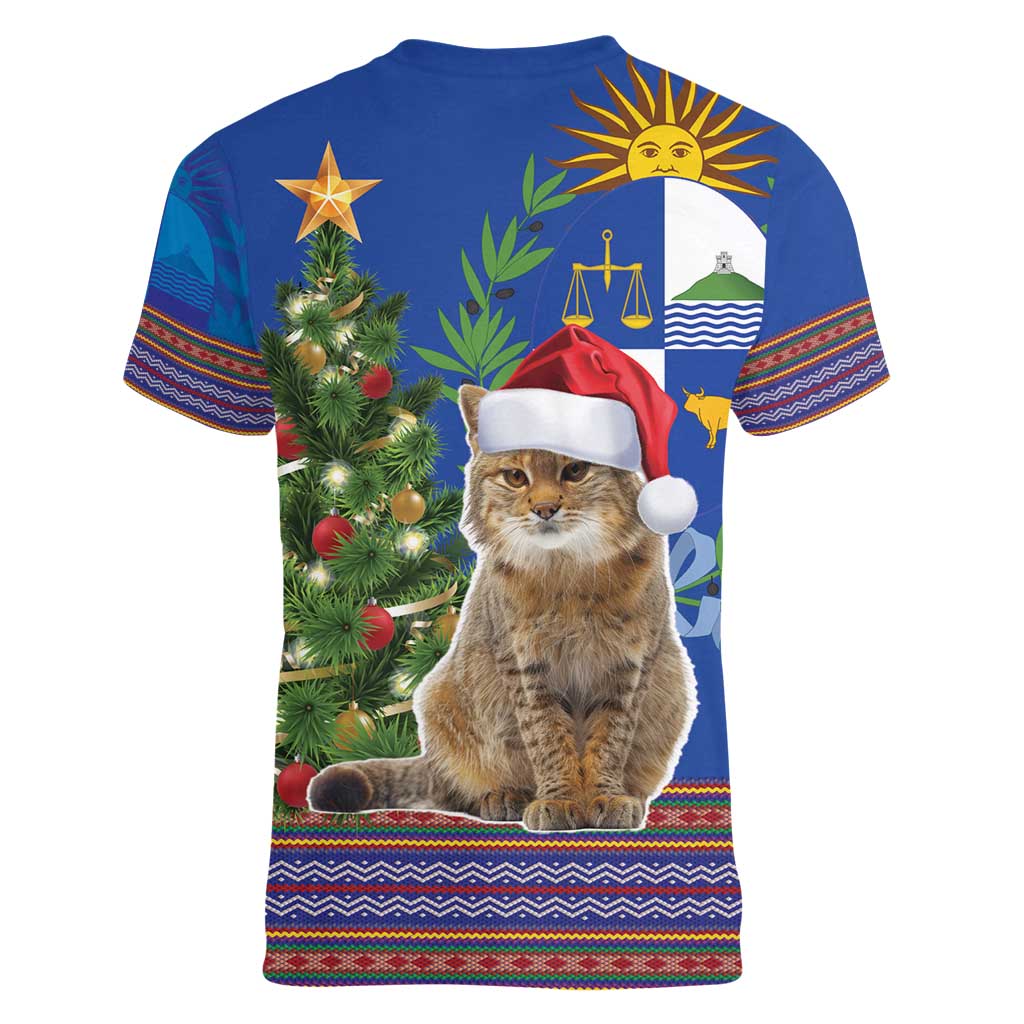 Uruguay Christmas Women V-Neck T-Shirt Pampas Cat With Folk Pattern - Wonder Print Shop