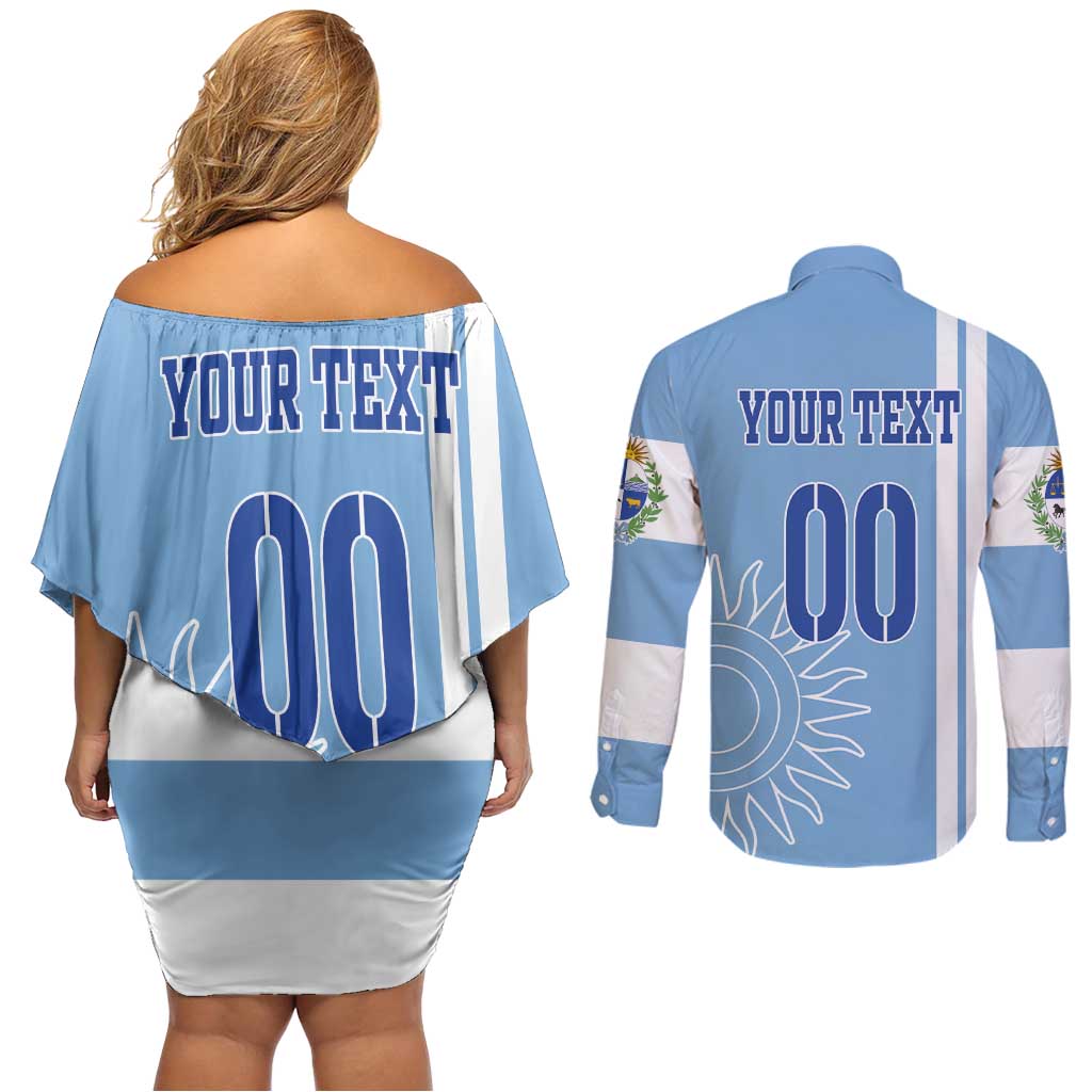 Custom Uruguay Football Couples Matching Off Shoulder Short Dress and Long Sleeve Button Shirt Sun of May The Sky Blue - Wonder Print Shop