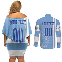 Custom Uruguay Football Couples Matching Off Shoulder Short Dress and Long Sleeve Button Shirt Sun of May The Sky Blue - Wonder Print Shop