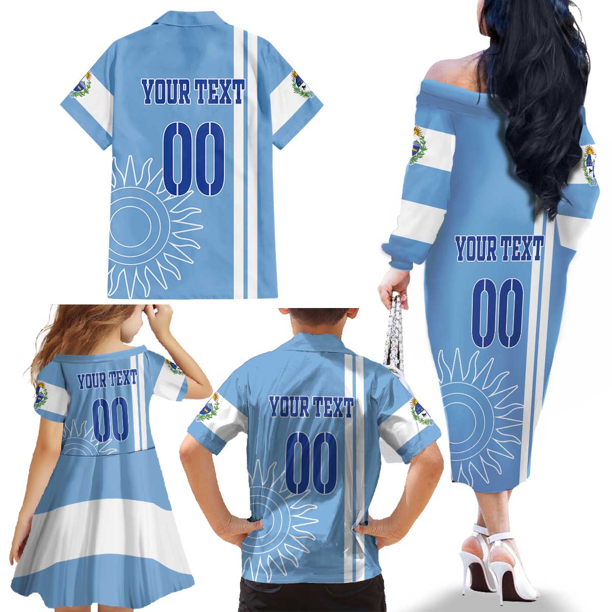 Custom Uruguay Football Family Matching Off The Shoulder Long Sleeve Dress and Hawaiian Shirt Sun of May The Sky Blue - Wonder Print Shop