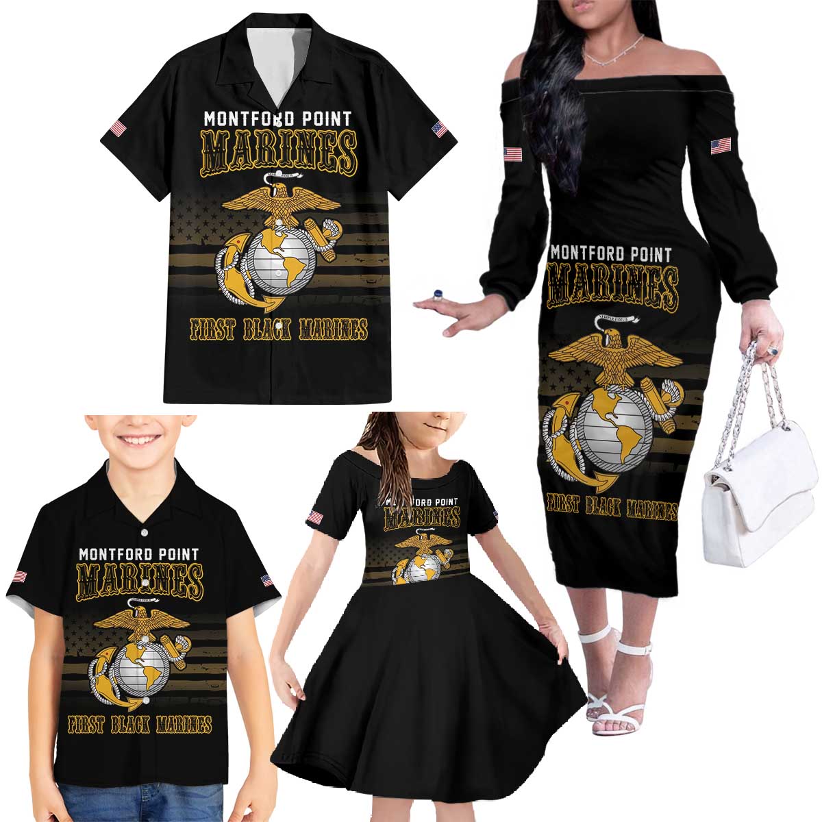 Montford Point Marines Family Matching Off The Shoulder Long Sleeve Dress and Hawaiian Shirt First Black Marines USMC Military - Wonder Print Shop