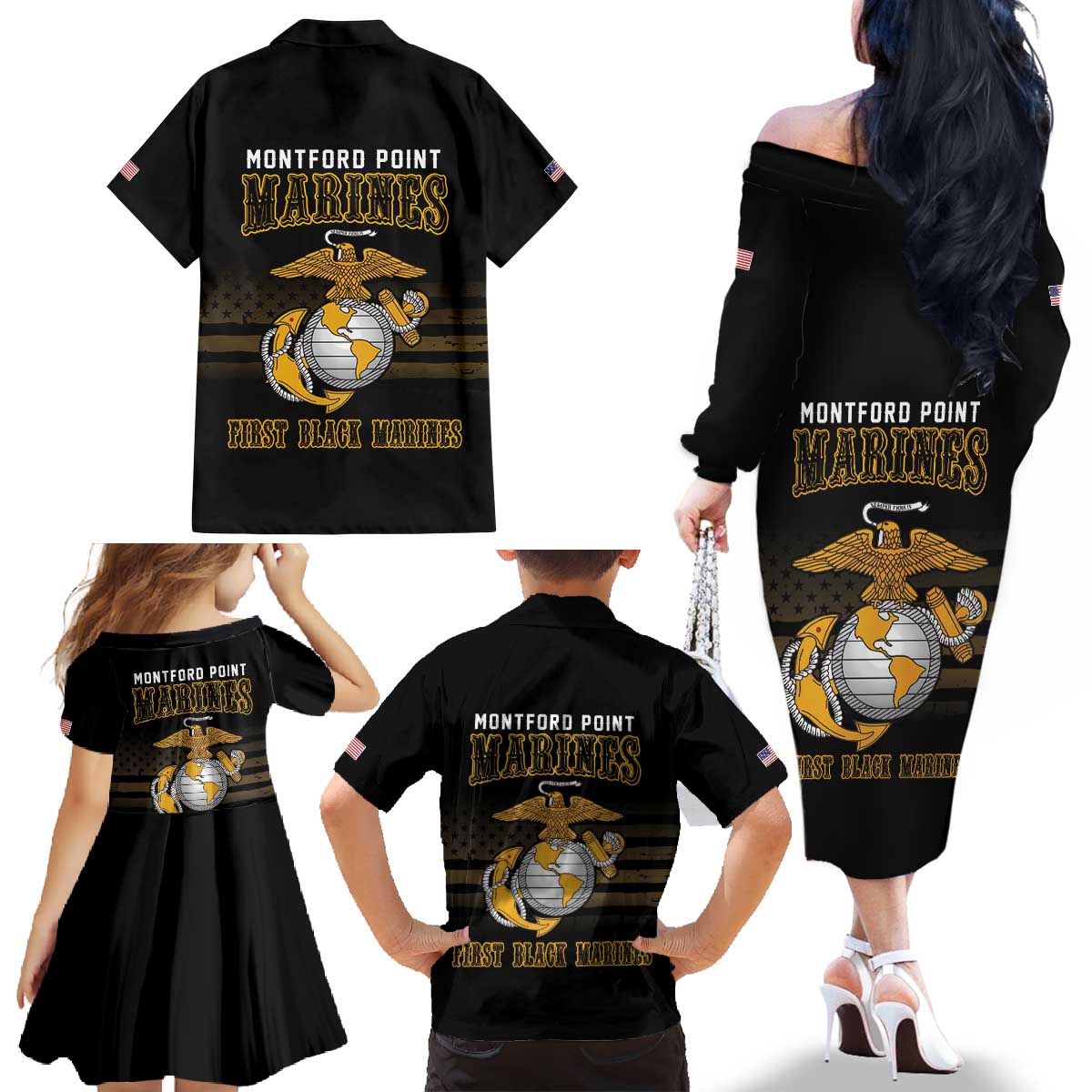 Montford Point Marines Family Matching Off The Shoulder Long Sleeve Dress and Hawaiian Shirt First Black Marines USMC Military - Wonder Print Shop