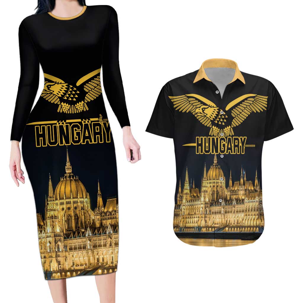 Personalized Hungary Budapest Capital Couples Matching Long Sleeve Bodycon Dress and Hawaiian Shirt Hungarian Turul Bird - Wonder Print Shop