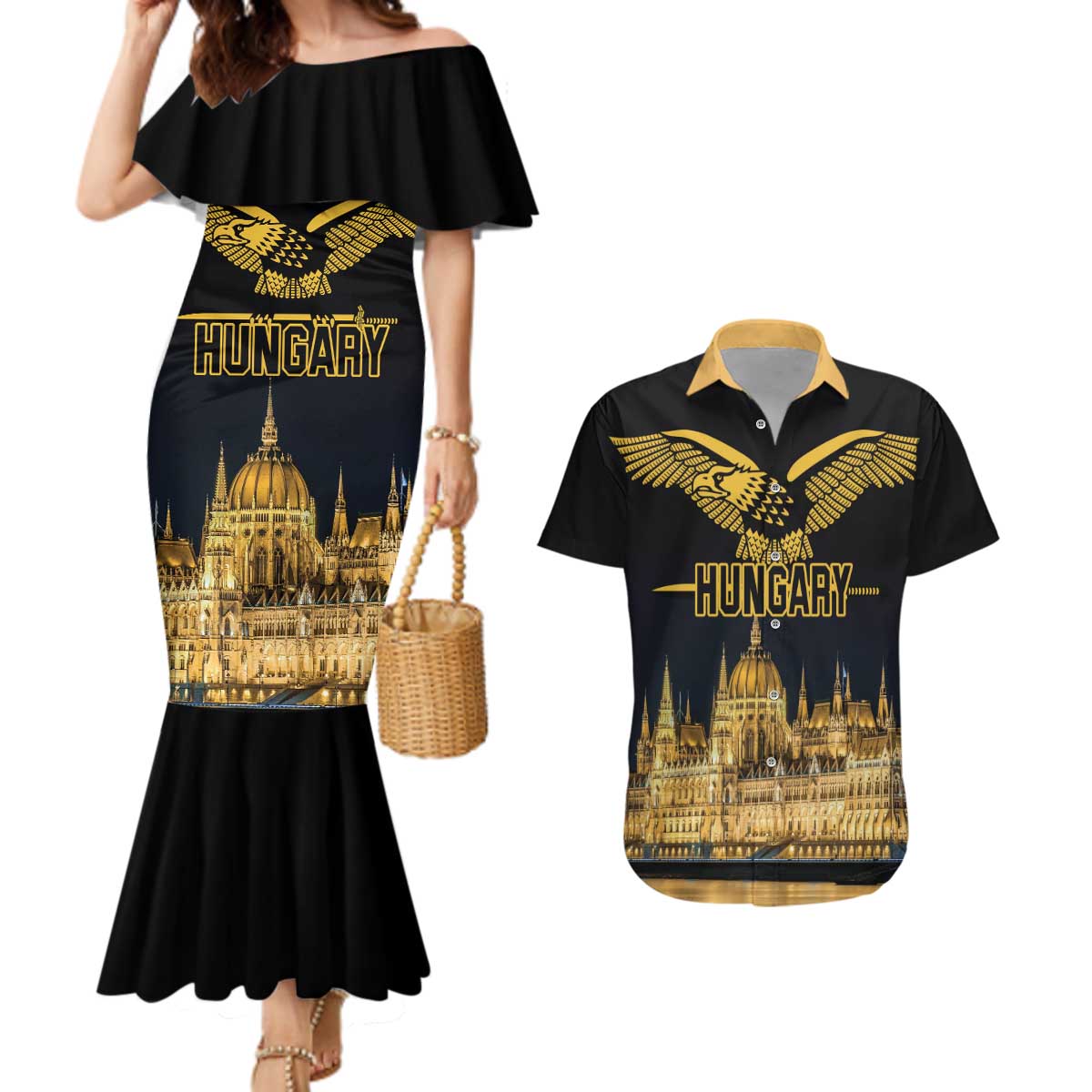 Personalized Hungary Budapest Capital Couples Matching Mermaid Dress and Hawaiian Shirt Hungarian Turul Bird - Wonder Print Shop