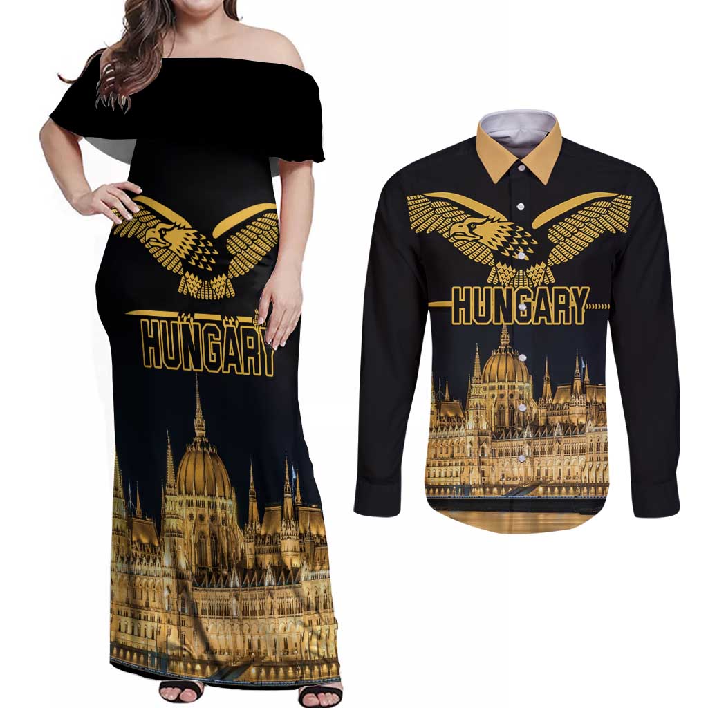 Personalized Hungary Budapest Capital Couples Matching Off Shoulder Maxi Dress and Long Sleeve Button Shirt Hungarian Turul Bird - Wonder Print Shop