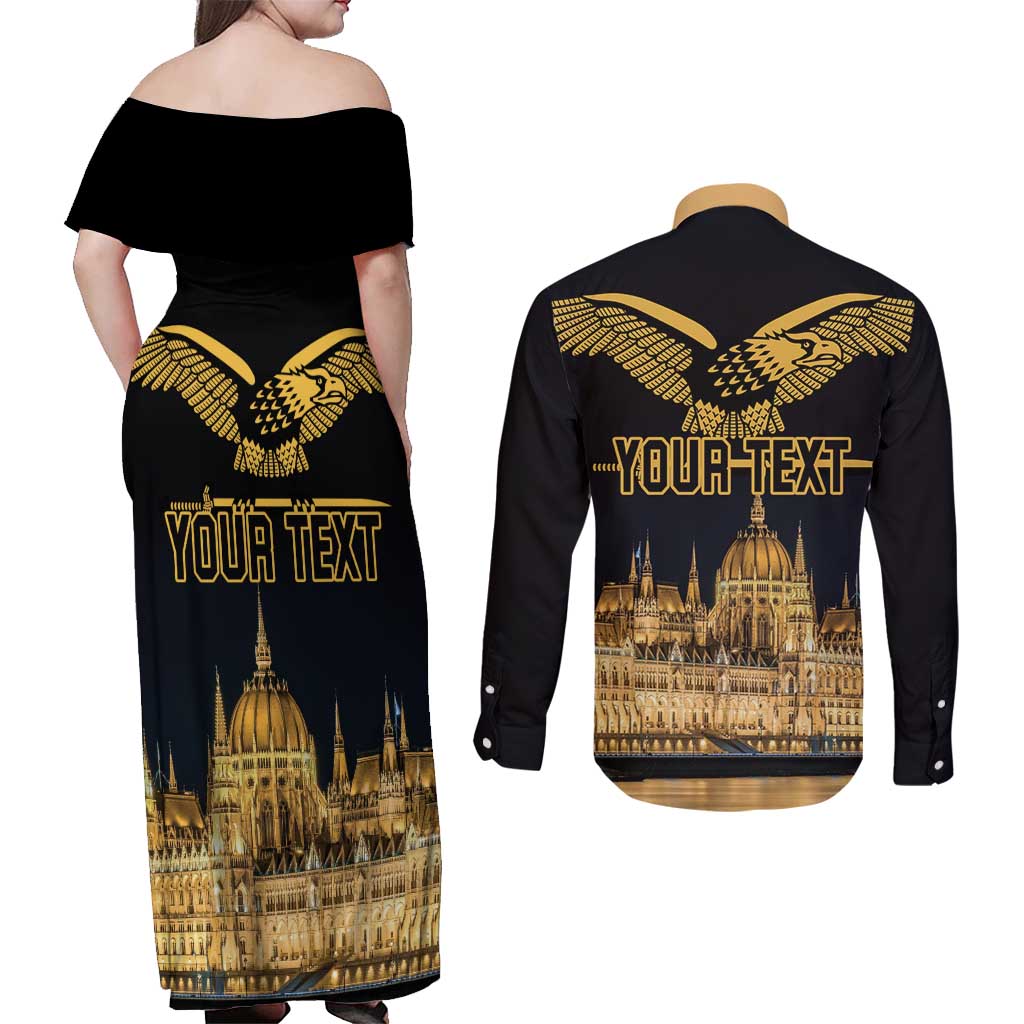 Personalized Hungary Budapest Capital Couples Matching Off Shoulder Maxi Dress and Long Sleeve Button Shirt Hungarian Turul Bird - Wonder Print Shop