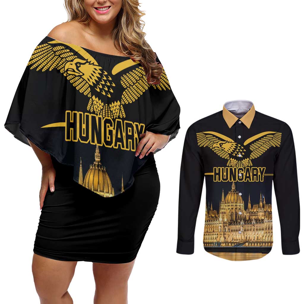 Personalized Hungary Budapest Capital Couples Matching Off Shoulder Short Dress and Long Sleeve Button Shirt Hungarian Turul Bird - Wonder Print Shop