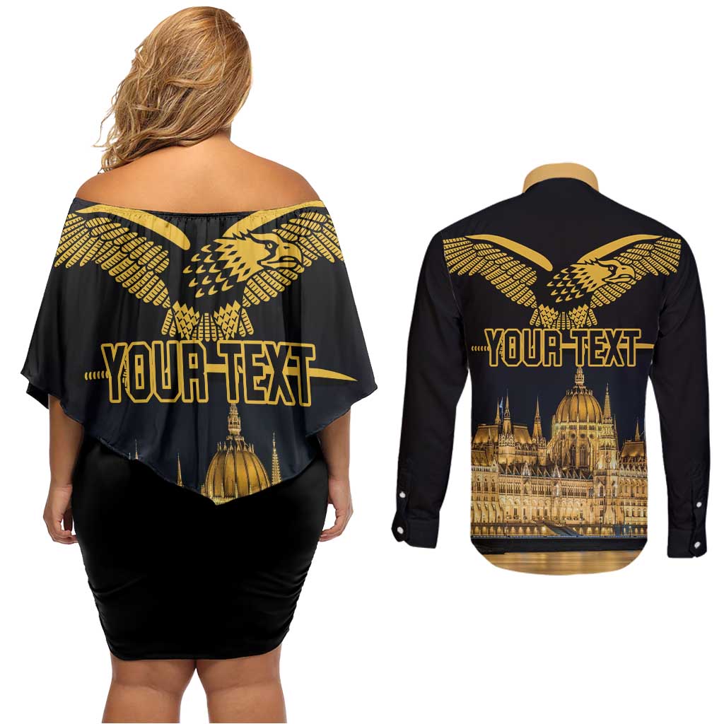 Personalized Hungary Budapest Capital Couples Matching Off Shoulder Short Dress and Long Sleeve Button Shirt Hungarian Turul Bird - Wonder Print Shop