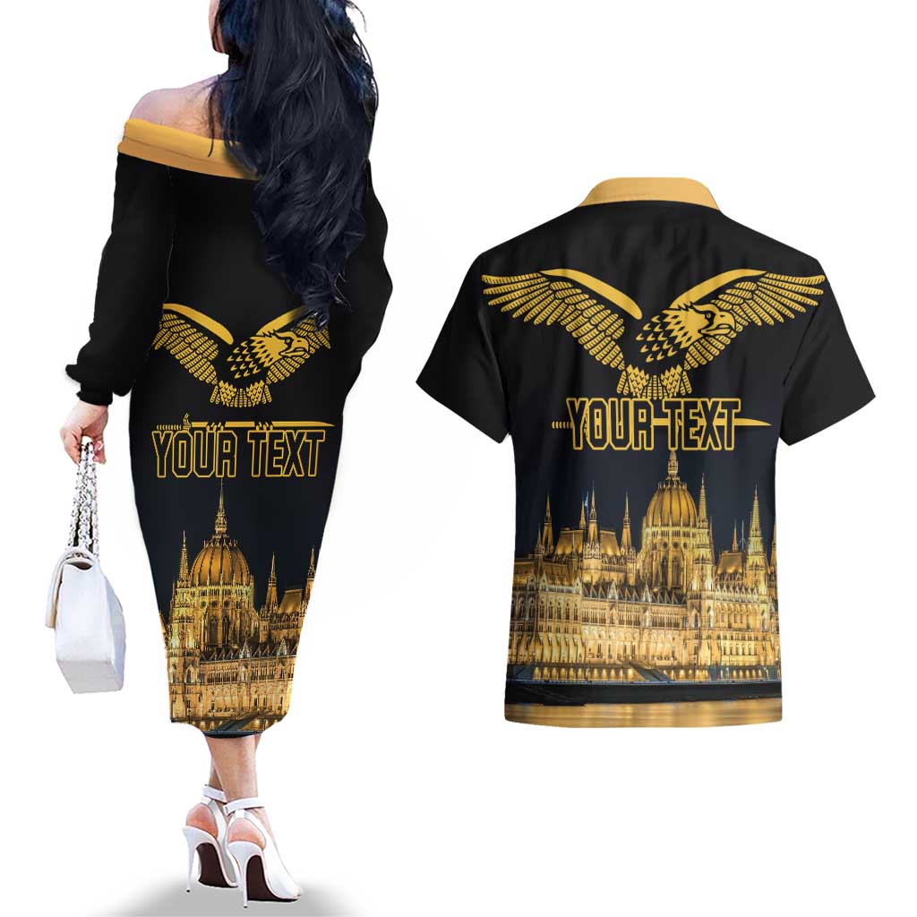 Personalized Hungary Budapest Capital Couples Matching Off The Shoulder Long Sleeve Dress and Hawaiian Shirt Hungarian Turul Bird - Wonder Print Shop