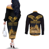 Personalized Hungary Budapest Capital Couples Matching Off The Shoulder Long Sleeve Dress and Long Sleeve Button Shirt Hungarian Turul Bird