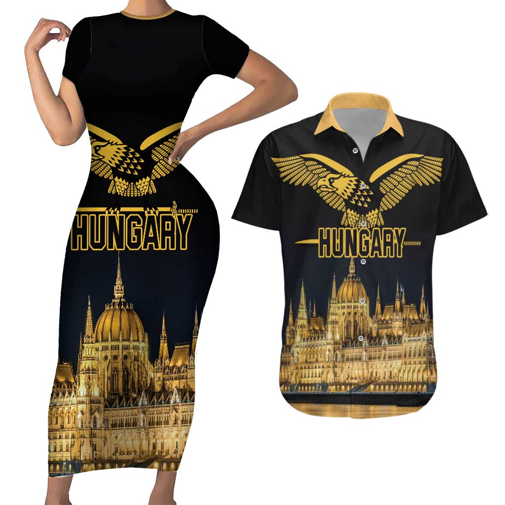 Personalized Hungary Budapest Capital Couples Matching Short Sleeve Bodycon Dress and Hawaiian Shirt Hungarian Turul Bird - Wonder Print Shop