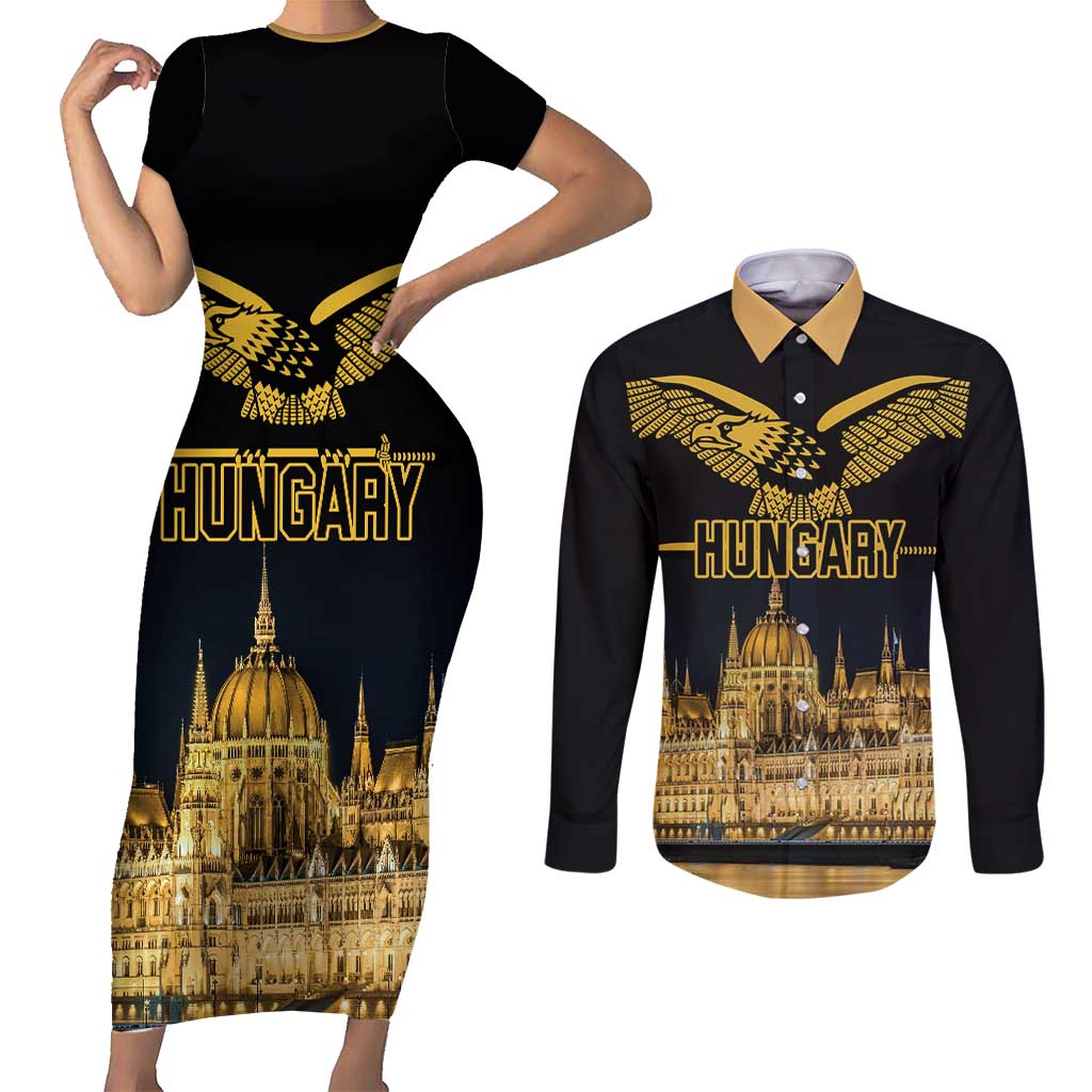 Personalized Hungary Budapest Capital Couples Matching Short Sleeve Bodycon Dress and Long Sleeve Button Shirt Hungarian Turul Bird - Wonder Print Shop