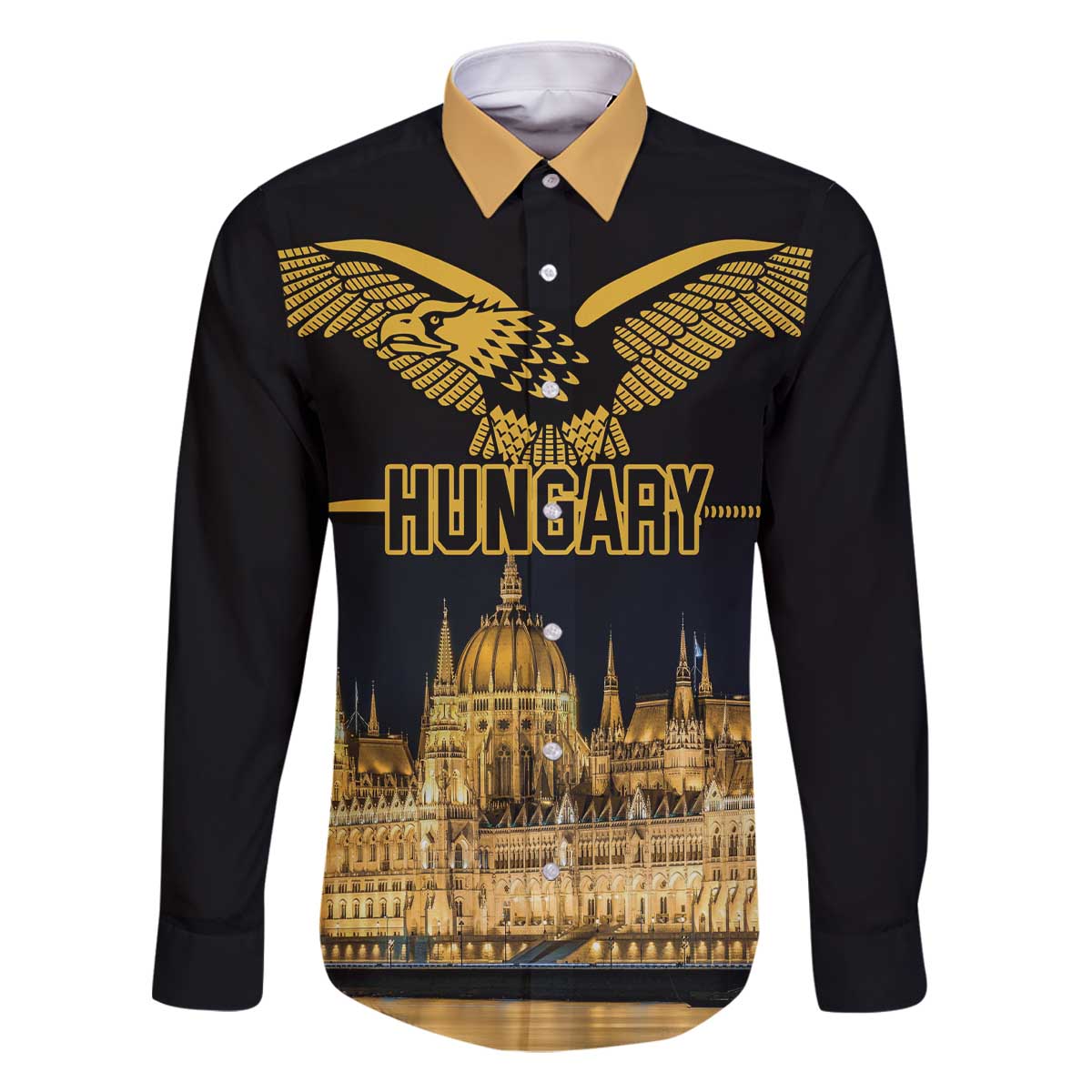 Personalized Hungary Budapest Capital Family Matching Off The Shoulder Long Sleeve Dress and Hawaiian Shirt Hungarian Turul Bird - Wonder Print Shop
