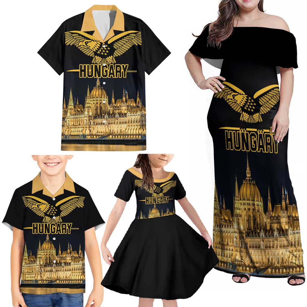 Personalized Hungary Budapest Capital Family Matching Off Shoulder Maxi Dress and Hawaiian Shirt Hungarian Turul Bird - Wonder Print Shop