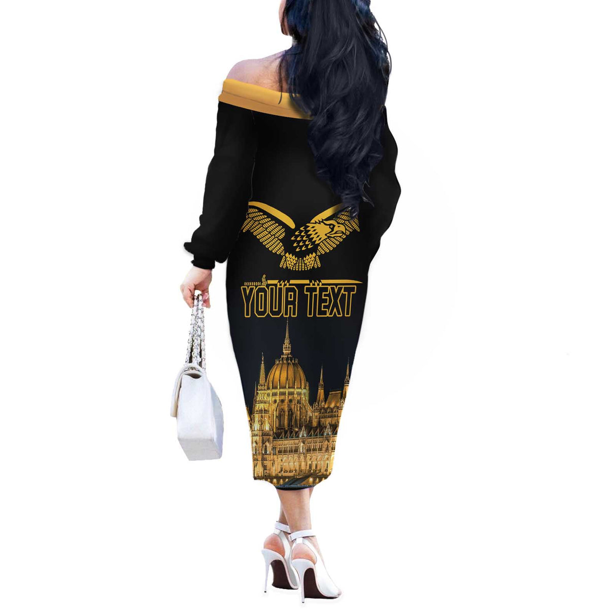Personalized Hungary Budapest Capital Off The Shoulder Long Sleeve Dress Hungarian Turul Bird - Wonder Print Shop